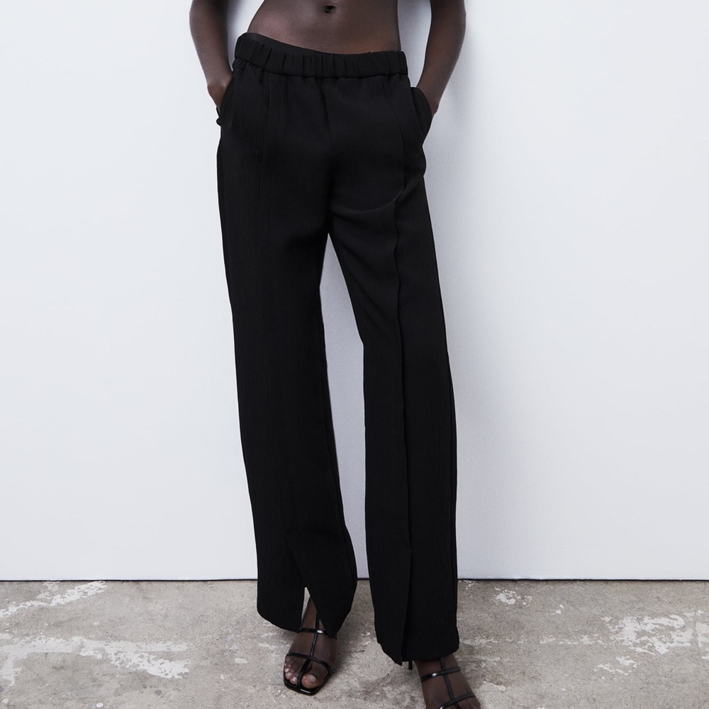 Zara Split Hem Textured Flare Trousers Size Small - Picture 3 of 5